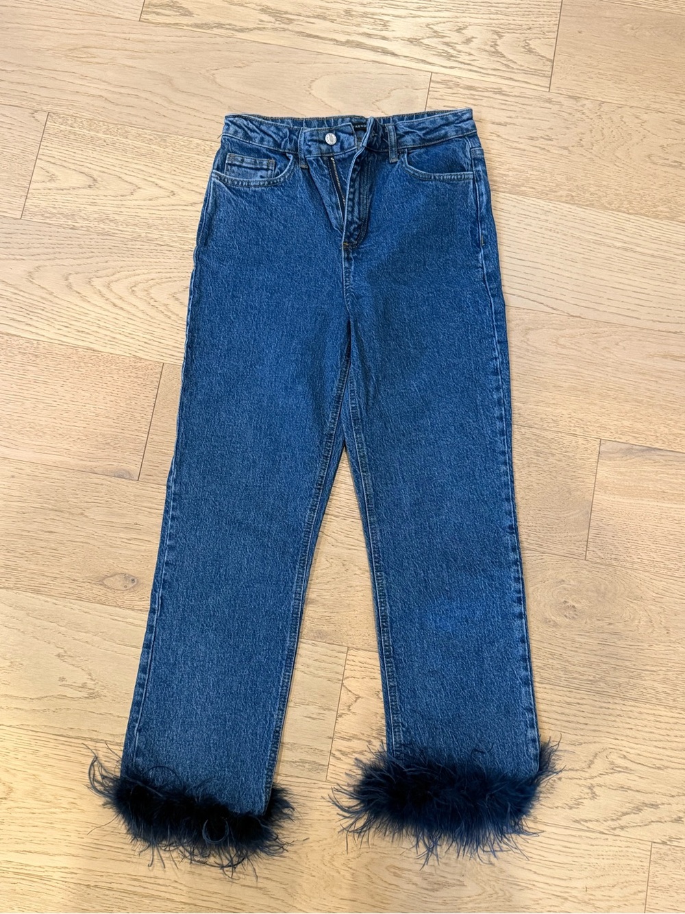 Dark Blue Women's Straight-Leg Jeans with Feather Trim